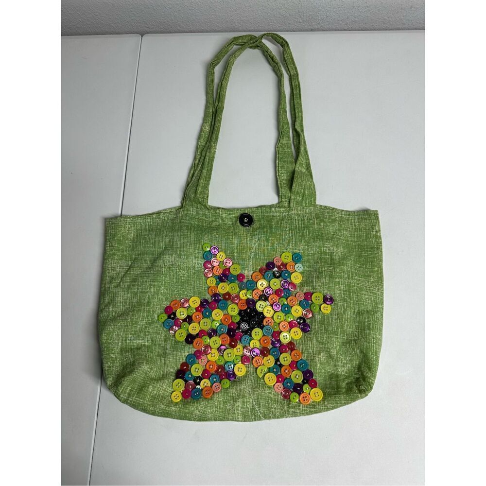 Rare Vintage Handmade Tote Bag Buttons Embroidered Trim Cotton Blend